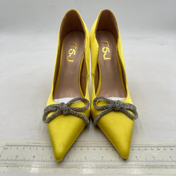 FSJ Yellow Pointed Toe High Heel Pumps Slip On Sparkling Rhinestone Bowknot Shoe - Picture 3 of 8